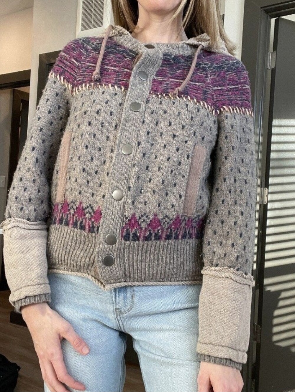 Free People Gray Hooded Snap-Front Cardigan Size S | Boho Knit